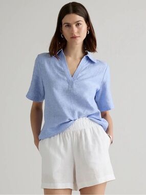 Quince 100% European Linen Short Sleeve Popover Top French Blue L